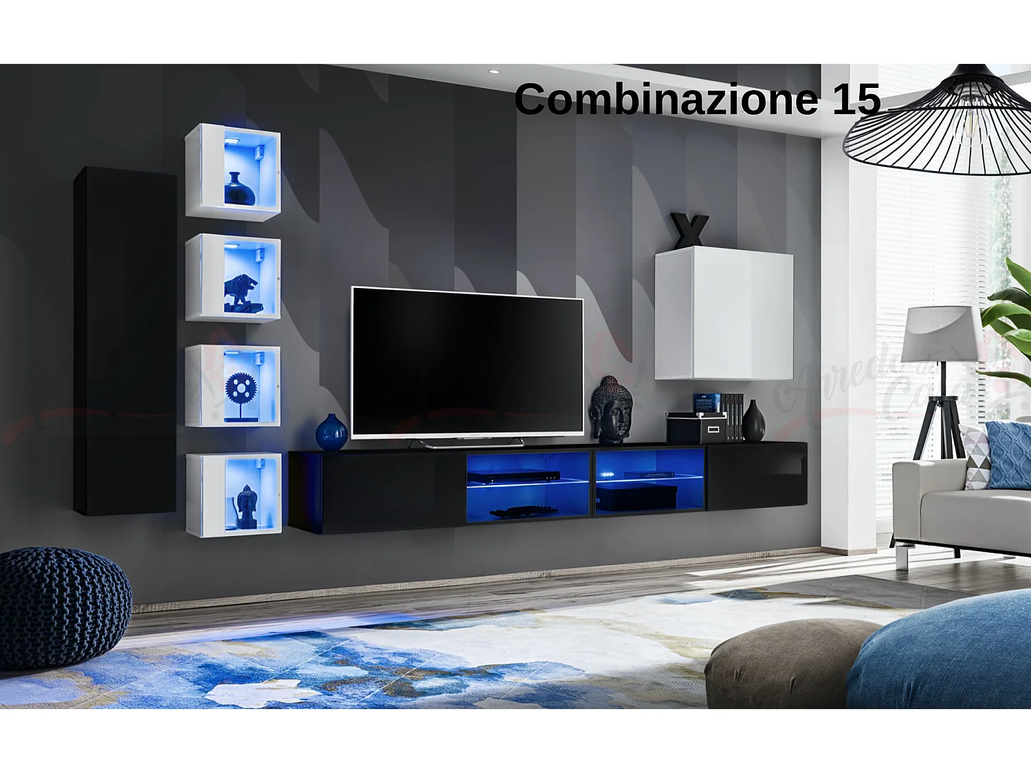 Parete attrezzata soggiorno con vetrinette e led 320x150 nero e bianco PAP72