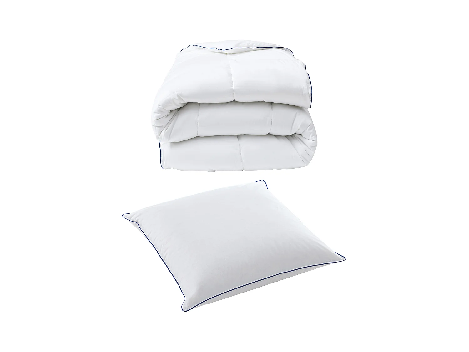 Pack couette enfant anti-acariens tempérée 140 x 200 cm + 1 oreiller 65 x 65 cm - Enveloppe en satin - Blanc passepoil bleu - PRESTIGIA de Palacio