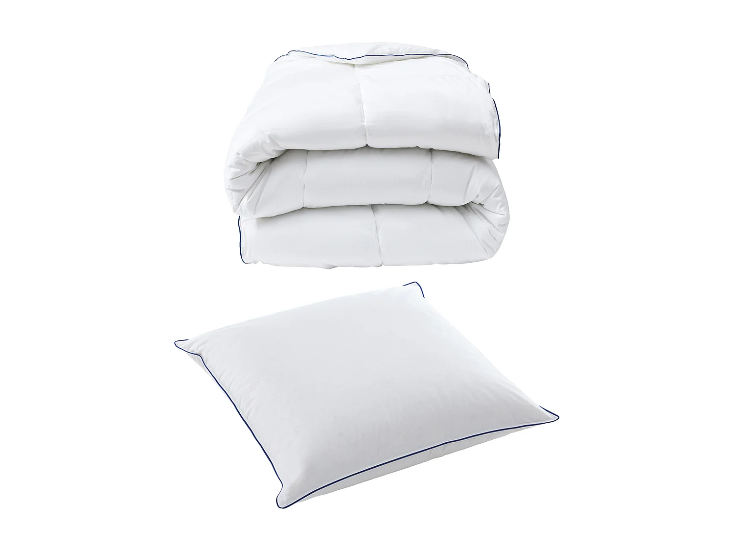 Pack couette enfant anti-acariens tempérée 140 x 200 cm + 1 oreiller 65 x 65 cm - Enveloppe en satin - Blanc passepoil bleu - PRESTIGIA de Palacio