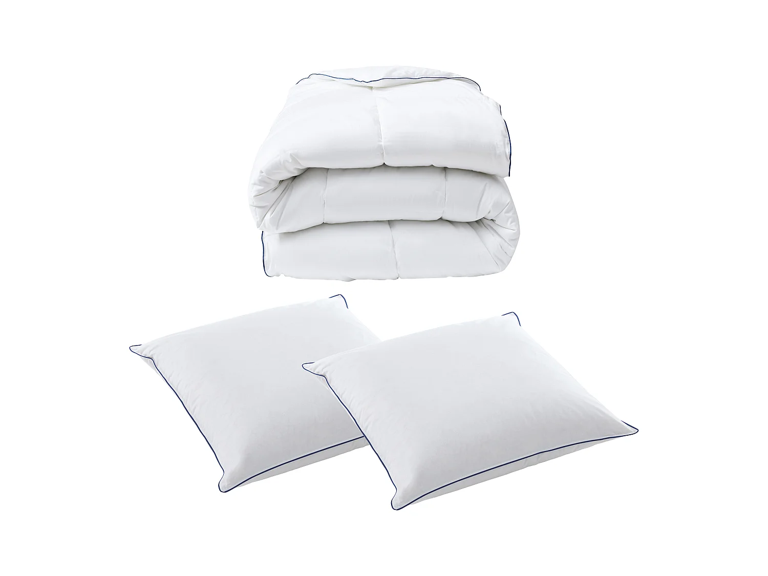 Pack couette anti-acariens tempérée 240 x 260 cm + 2 oreillers 65 x 65 cm - Enveloppe en satin - Blanc passepoil bleu - PRESTIGIA de Palacio