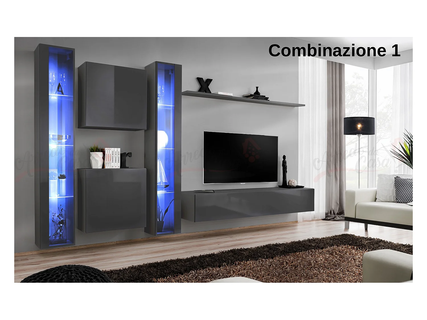 Parete attrezzata moderna da soggiorno con illuminazione led 330x180 grigio PAP60