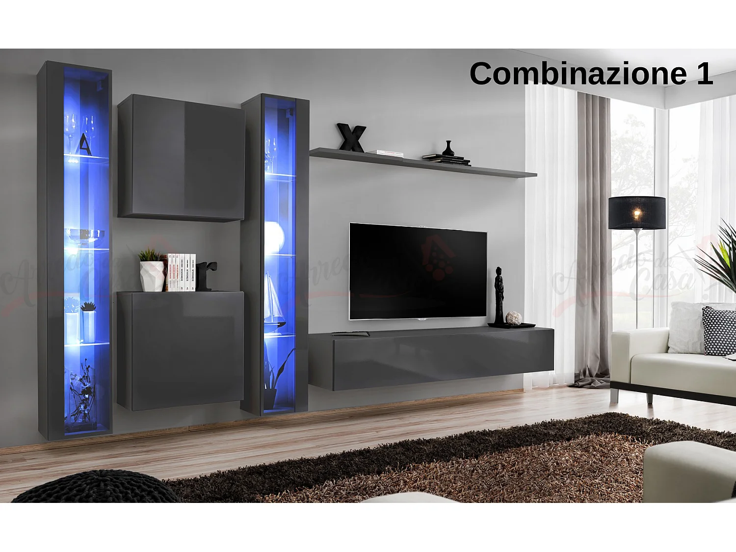 Parete attrezzata moderna da soggiorno con illuminazione led 330x180 grigio PAP60