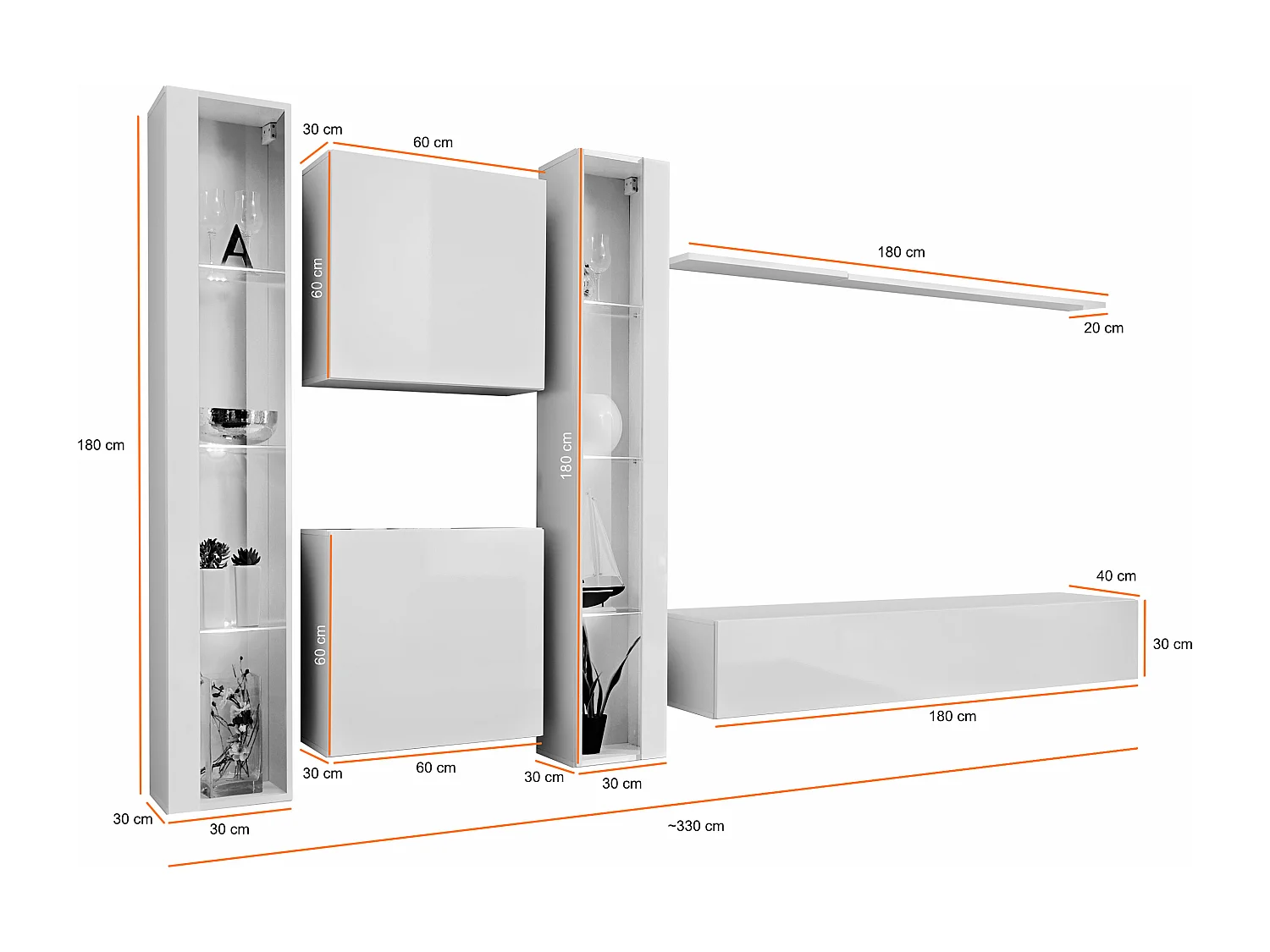 Parete attrezzata moderna da soggiorno con illuminazione led 330x180 grigio PAP60