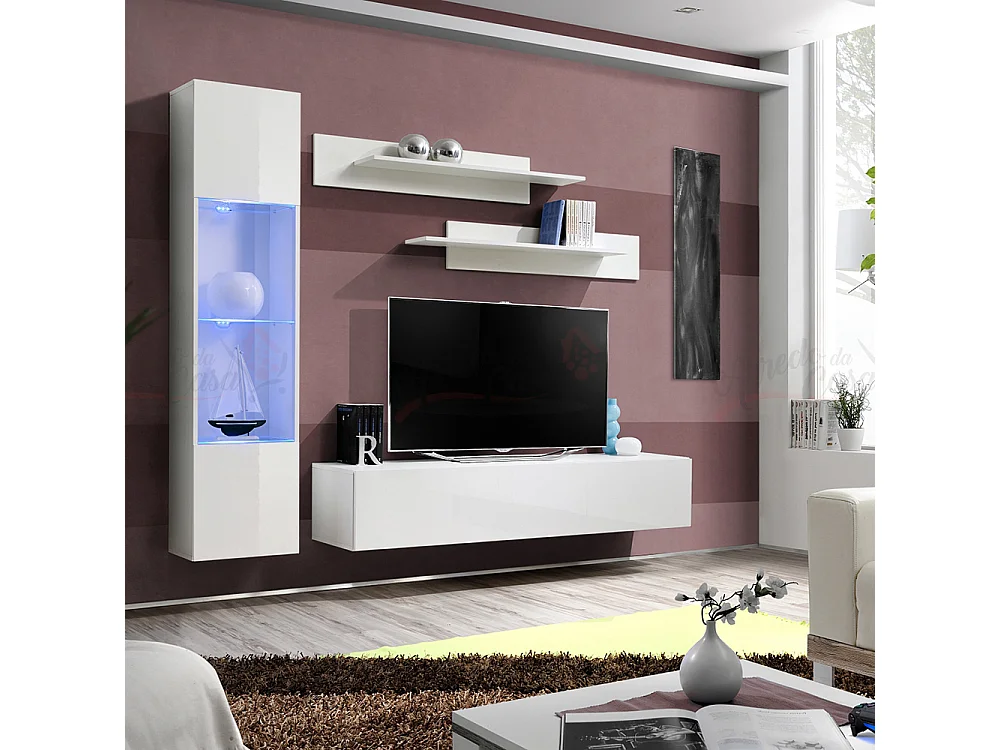 Parete attrezzata soggiorno con due mensole e vetrina illuminata 210x190 bianco PAP98