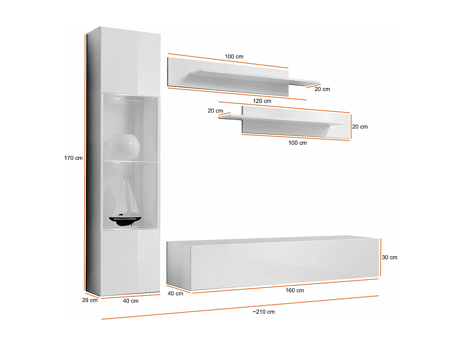 Parete attrezzata soggiorno con due mensole e vetrina illuminata 210x190 bianco PAP98