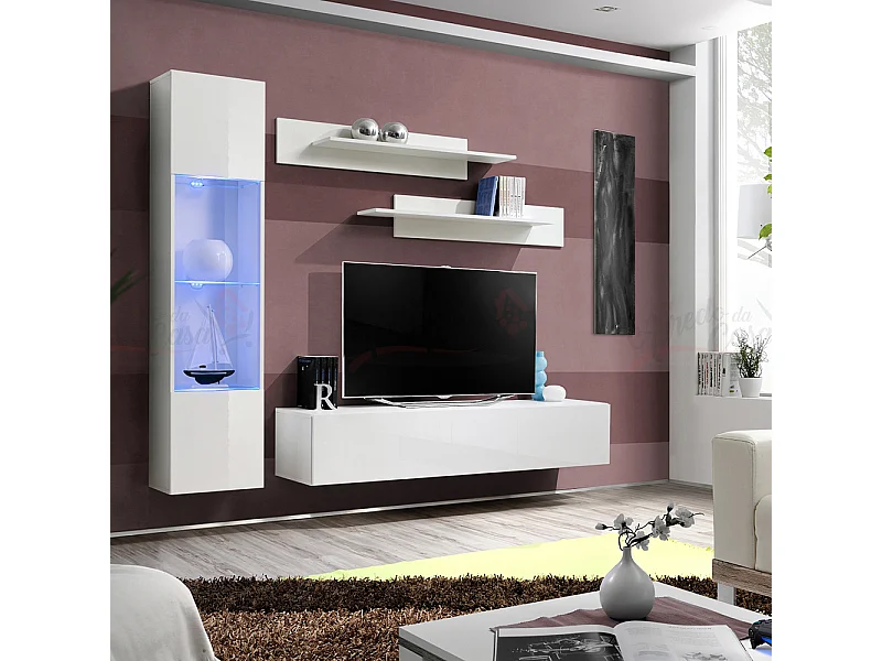 Parete attrezzata soggiorno con due mensole e vetrina illuminata 210x190 bianco PAP98