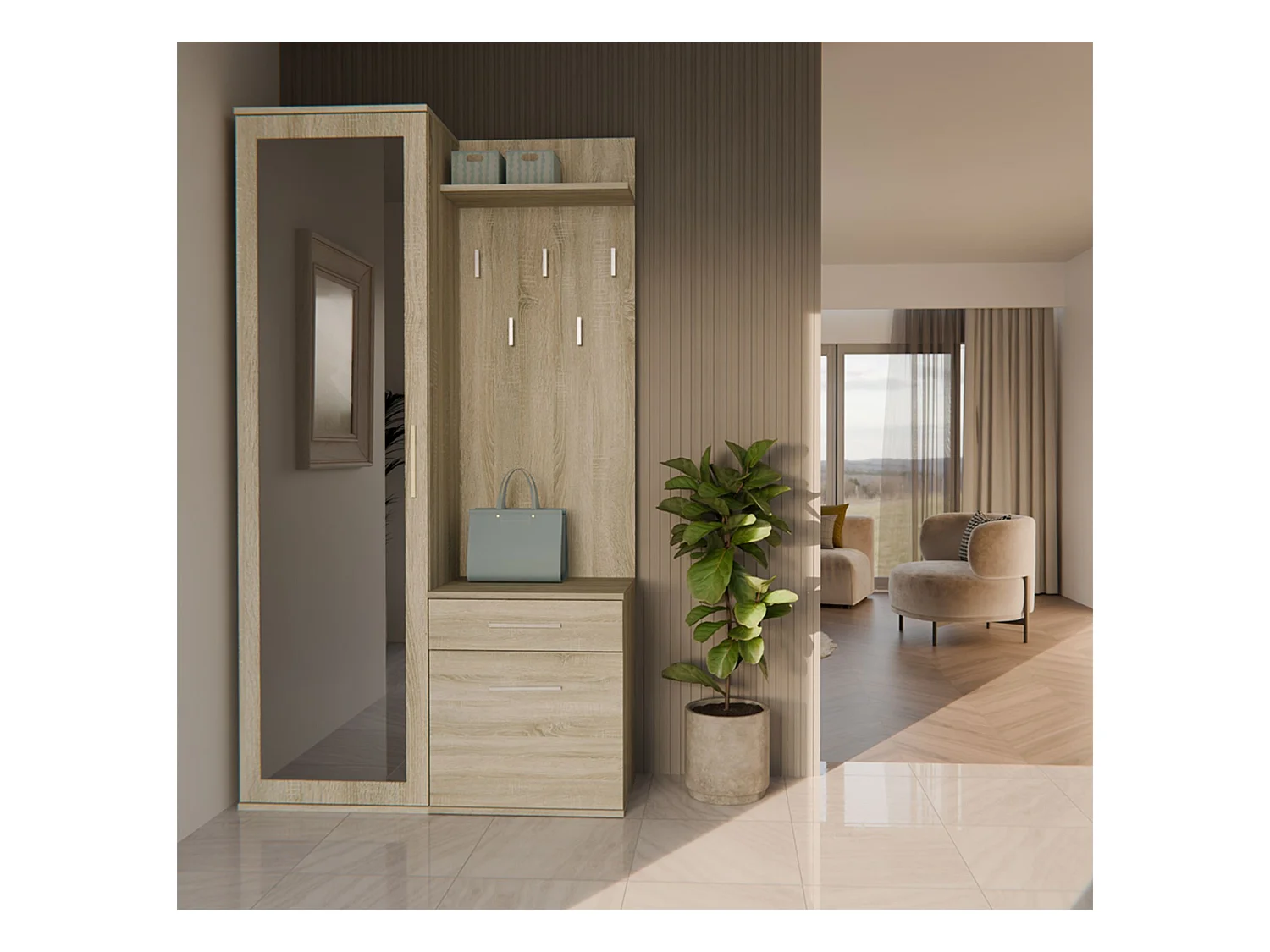 Ensemble d'entrée avec miroir – 100 cm – chêne sonoma – DUVIO