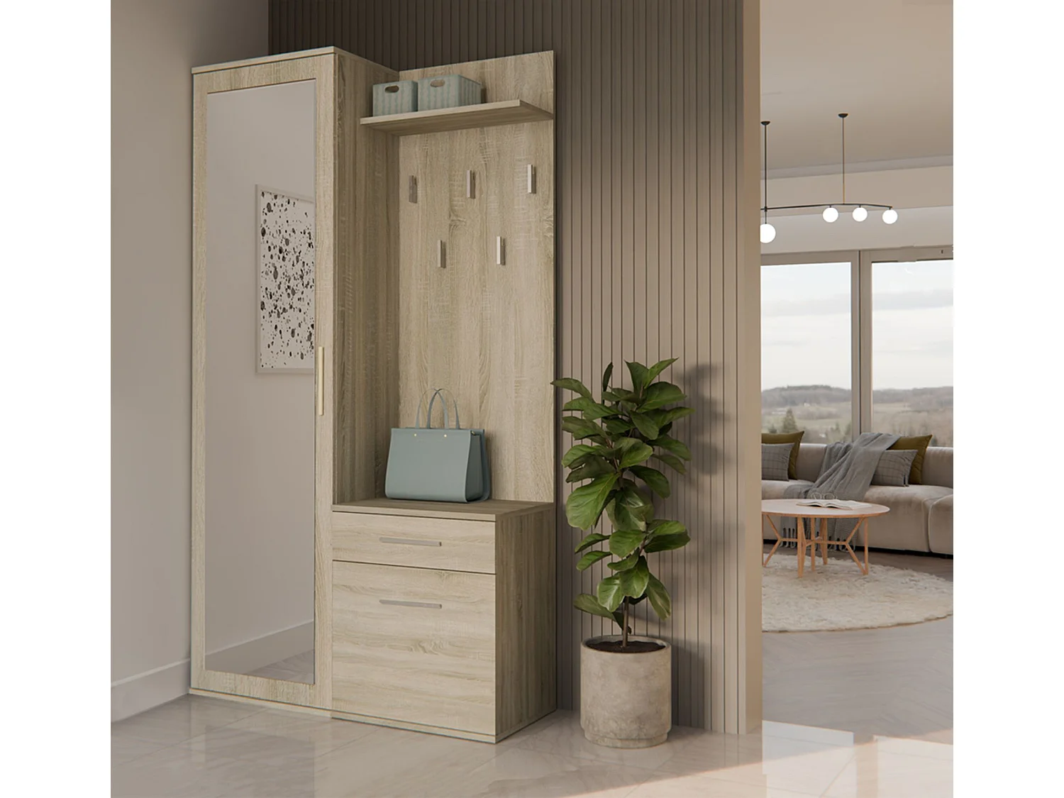 Flurgarderobe - mit Schrank und Spiegel - Eiche Sonoma - 100 cm - DUVIO