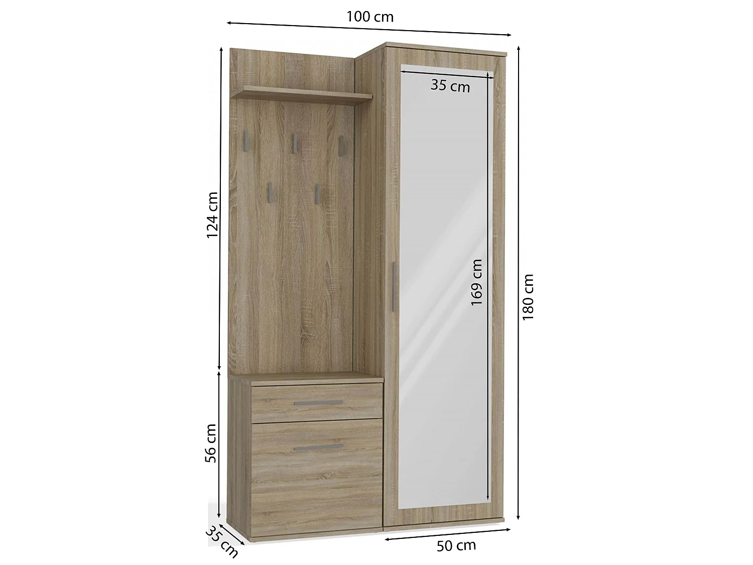 Flurgarderobe - mit Schrank und Spiegel - Eiche Sonoma - 100 cm - DUVIO