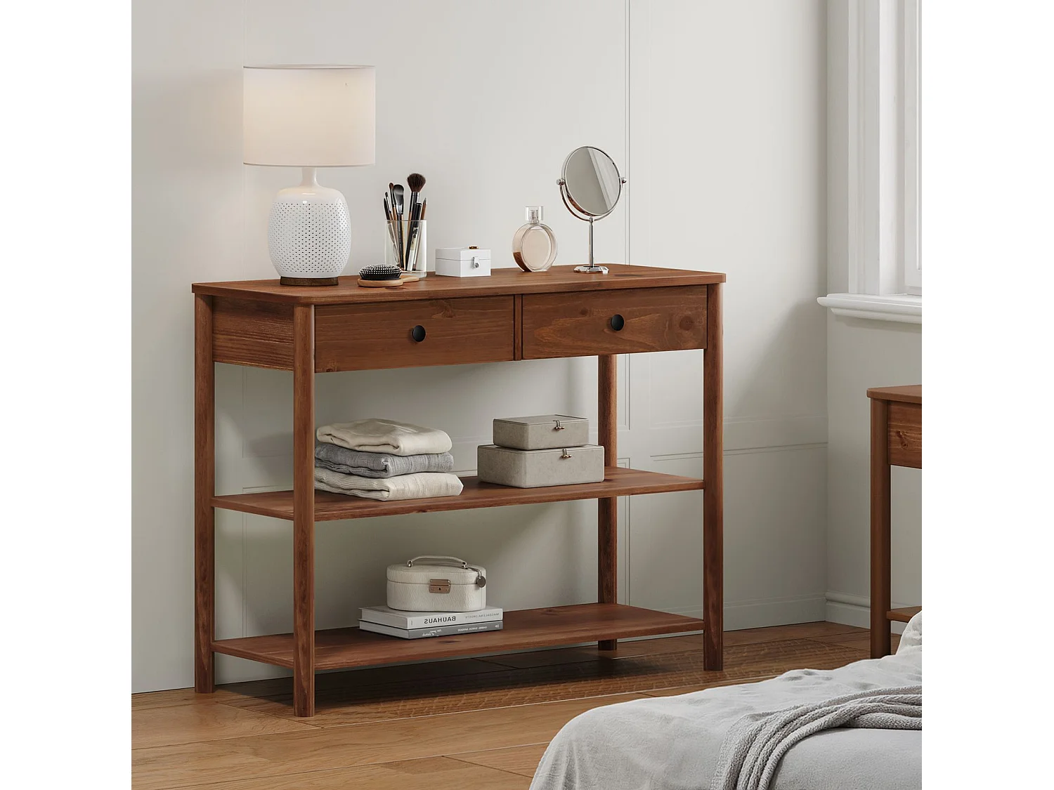 Table console d'entrée APOANA L 110 cm en bois massif coloris châtaignier avec 2 tiroirs et 2 tablettes, Design naturel