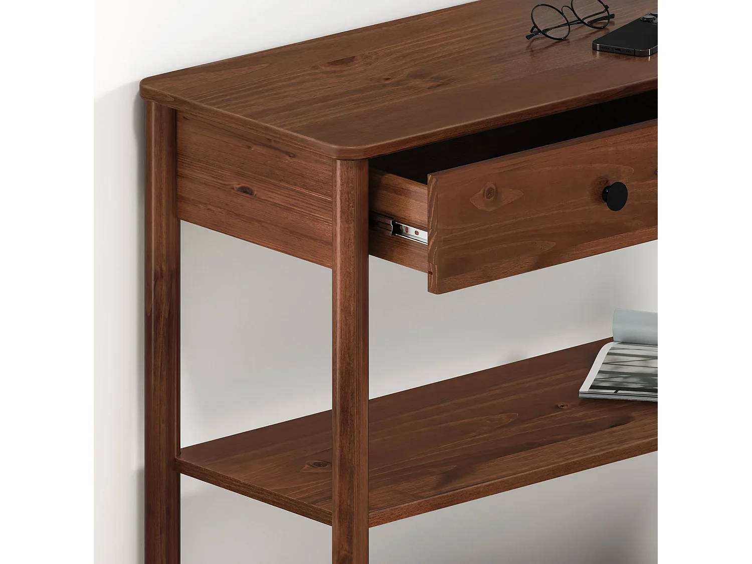 Table console d'entrée APOANA L 110 cm en bois massif coloris châtaignier avec 2 tiroirs et 2 tablettes, Design naturel