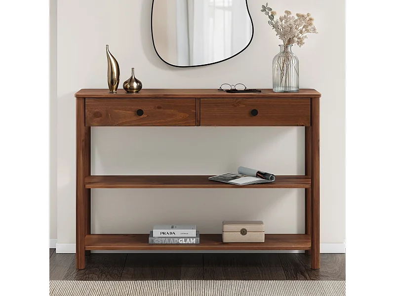 Table console d'entrée APOANA L 110 cm en bois massif coloris châtaignier avec 2 tiroirs et 2 tablettes, Design naturel