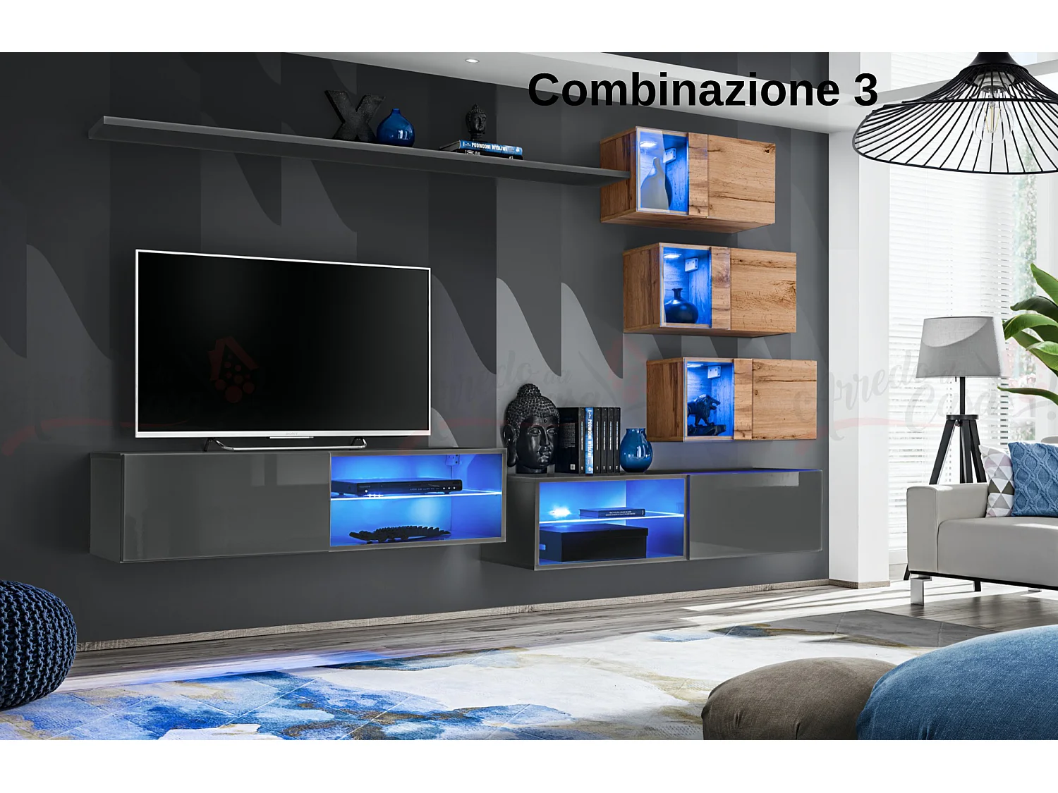 Parete attrezzata per soggiorno con vetrinette e luci led 260x170 grigio e rovere PAP70