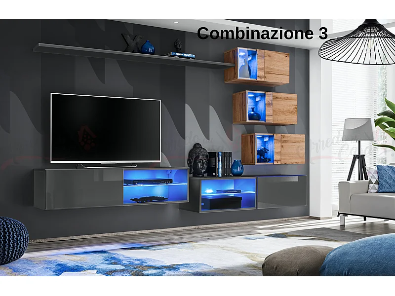 Parete attrezzata per soggiorno con vetrinette e luci led 260x170 grigio e rovere PAP70