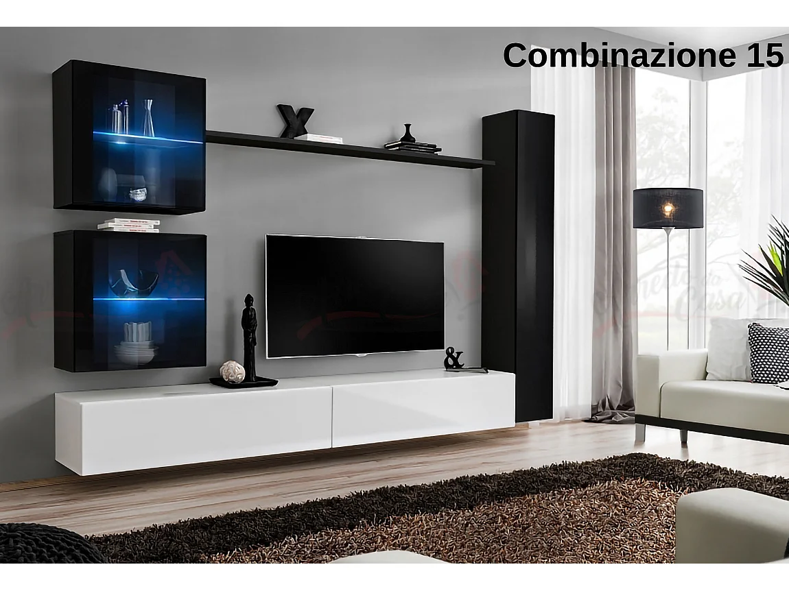 Parete attrezzata moderna per soggiorno con luci led 280x180 nero e bianco PAP62