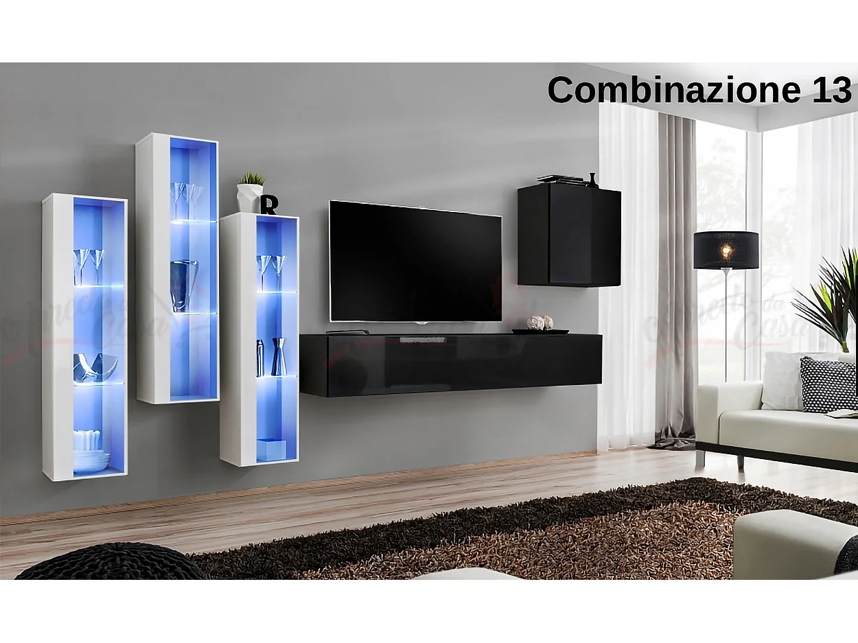 Parete attrezzata da soggiorno con luci LED 270x160 bianco e nero PAP57