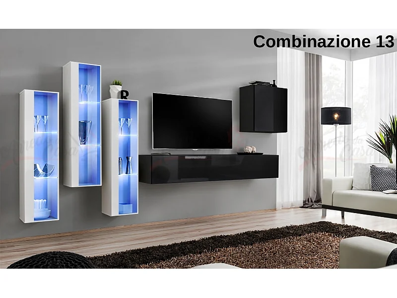 Parete attrezzata da soggiorno con luci LED 270x160 bianco e nero PAP57