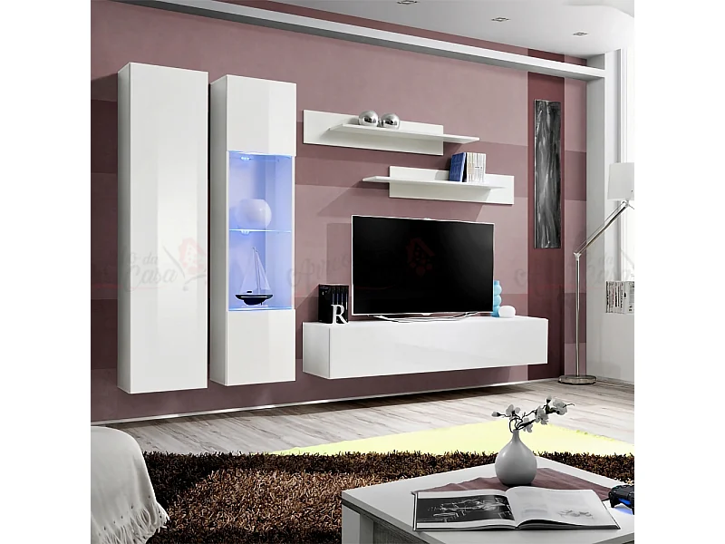 Parete attrezzata design moderno da soggiorno completa 260x190 bianco PAP85