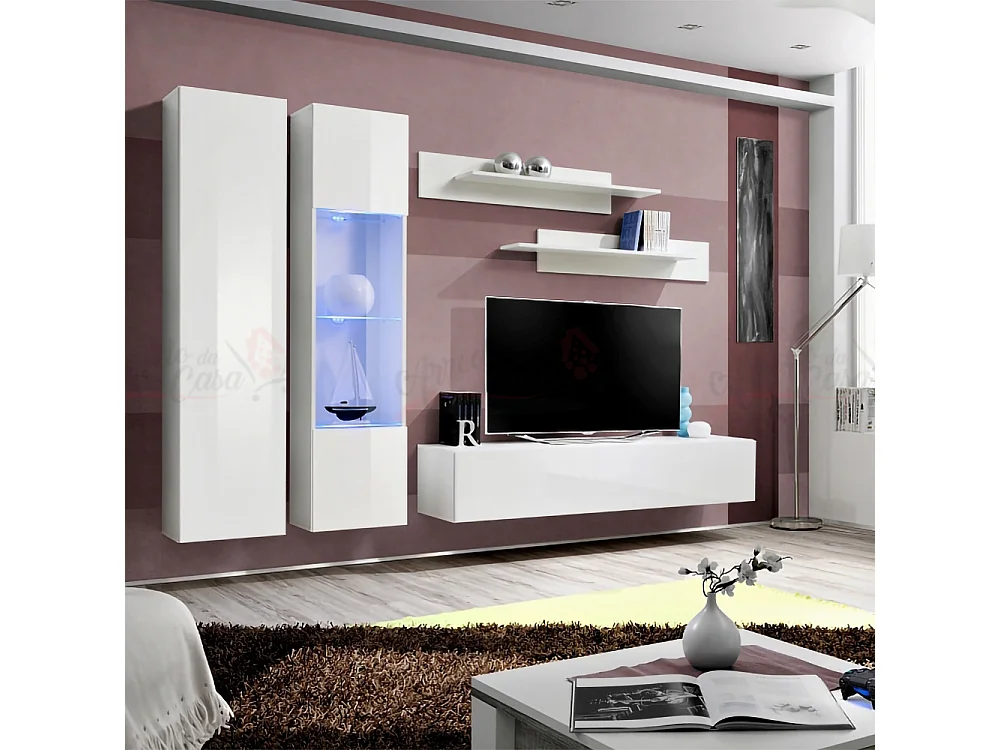 Parete attrezzata design moderno da soggiorno completa 260x190 bianco PAP85