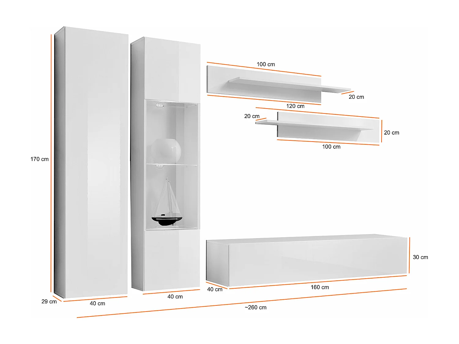 Parete attrezzata design moderno da soggiorno completa 260x190 bianco PAP85