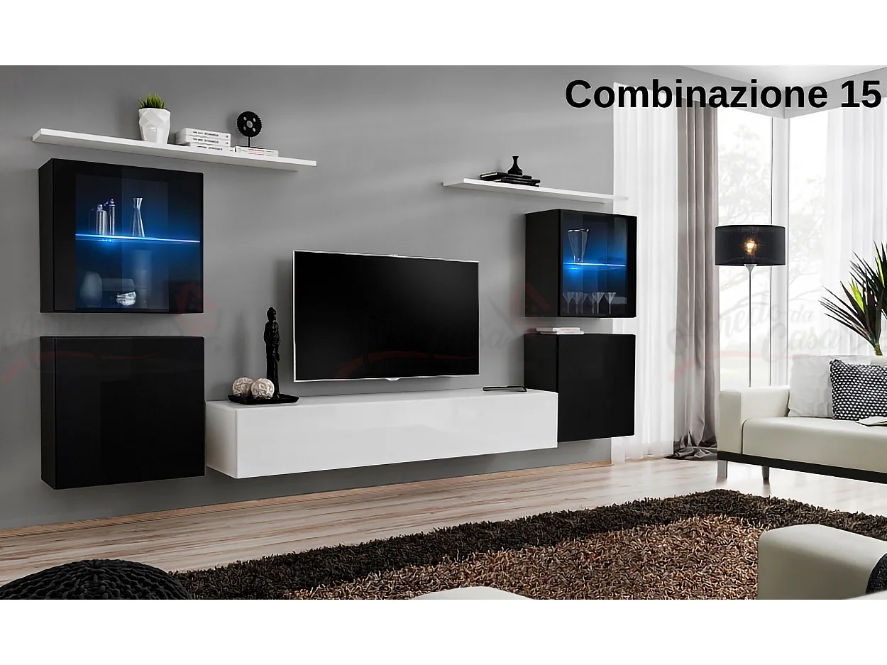 Parete attrezzata moderna con vetrine illuminate a led 320x150 nero e bianco PAP58