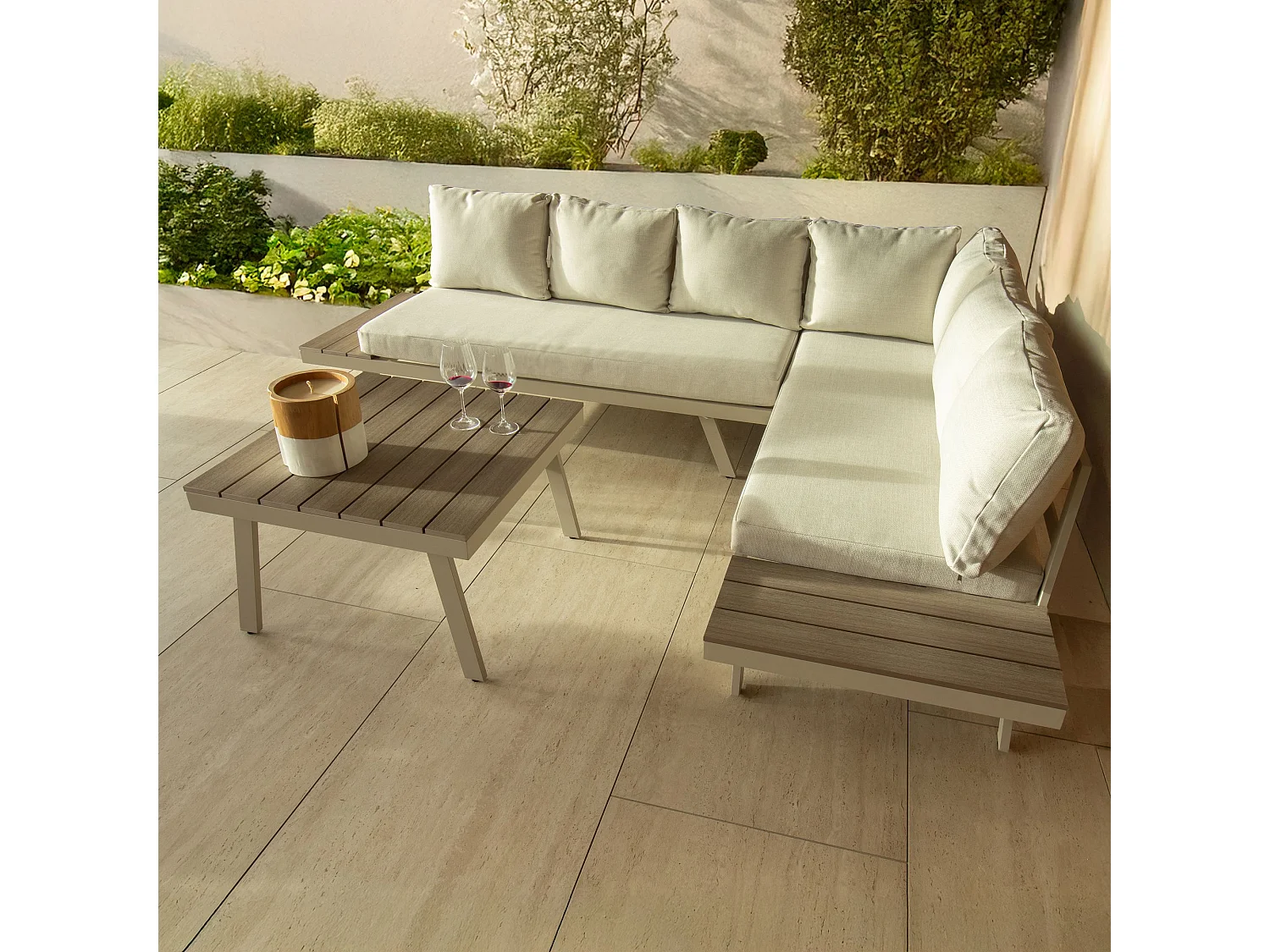 Now's Home - Salon De Jardin Structur En Aluminium Sable Avec Coussin En Olefine Calvi