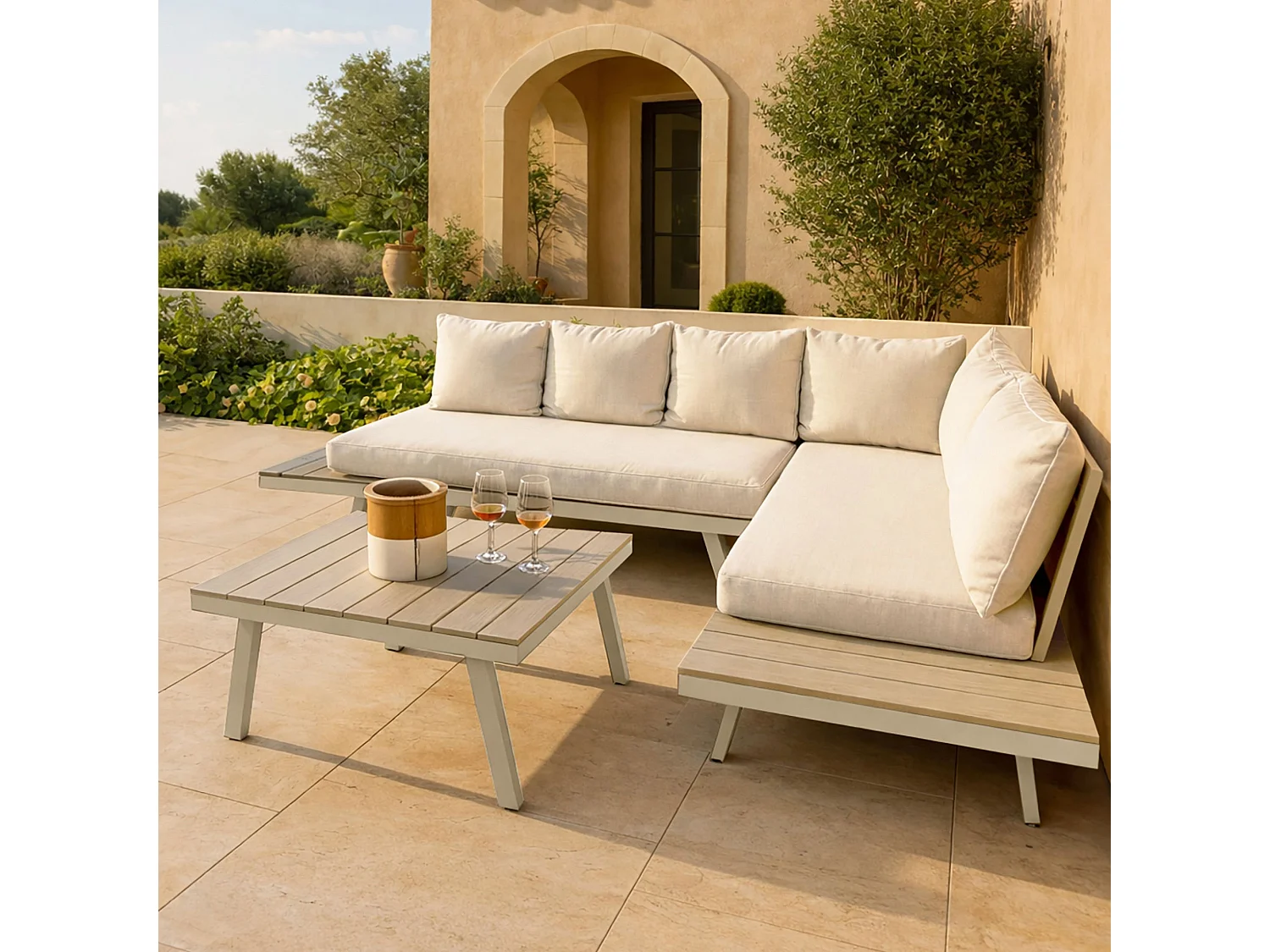 Now's Home - Salon De Jardin Structur En Aluminium Sable Avec Coussin En Olefine Calvi