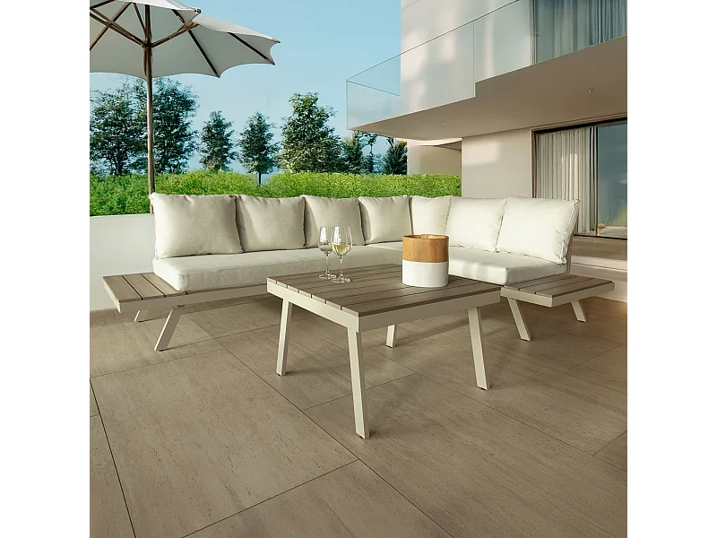 Now's Home - Salon De Jardin Structur En Aluminium Sable Avec Coussin En Oléfine Calvi