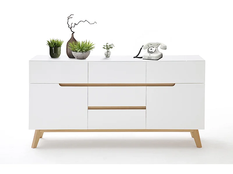 Commode en laqué blanc mat avec piètement en chêne - L145 x H76 x P40 cm