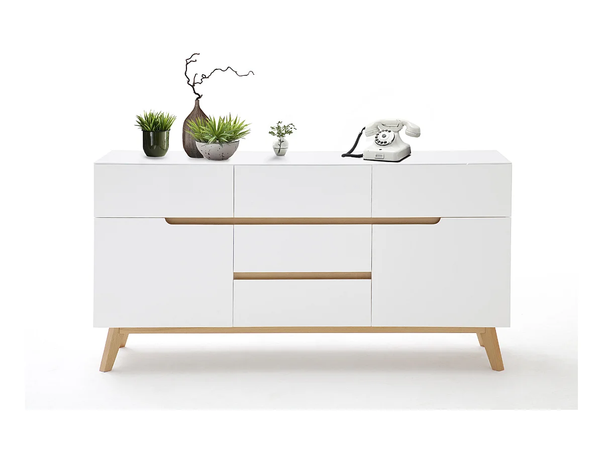 Commode en laqué blanc mat avec piètement en chêne - L145 x H76 x P40 cm