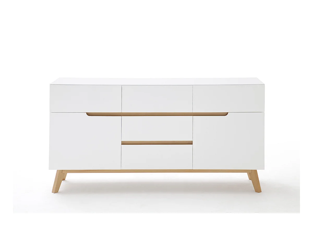 Commode en laqué blanc mat avec piètement en chêne - L145 x H76 x P40 cm