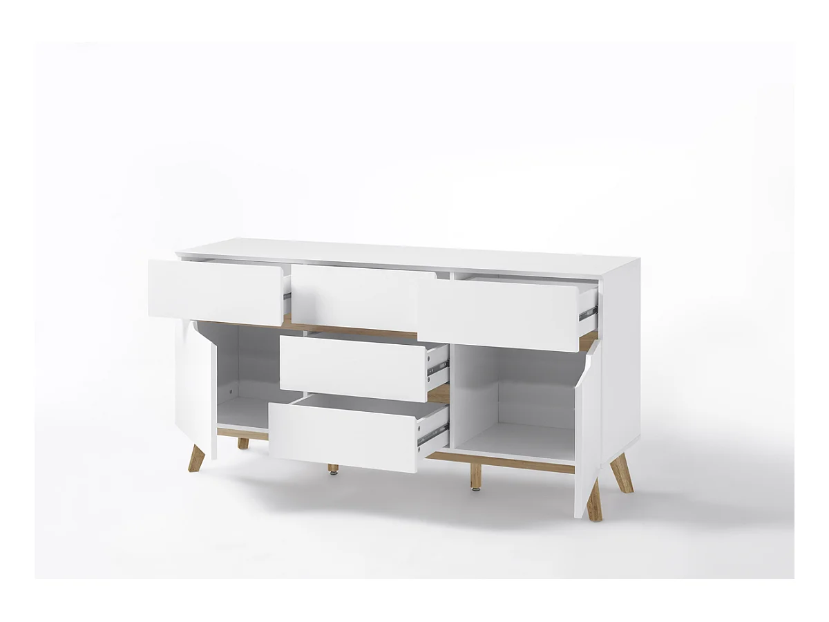 Commode en laqué blanc mat avec piètement en chêne - L145 x H76 x P40 cm