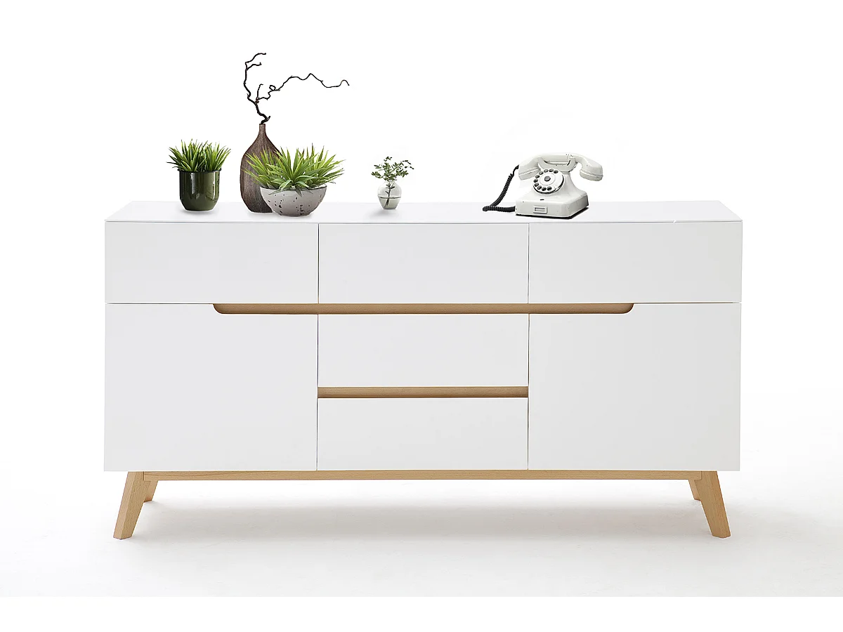 Commode en laqué blanc mat avec piètement en chêne - L145 x H76 x P40 cm