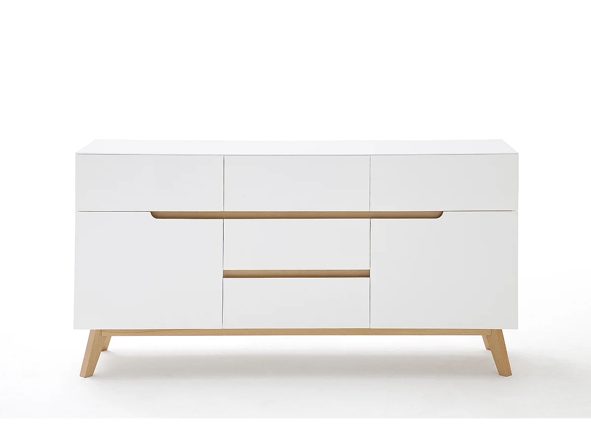 Commode en laqué blanc mat avec piètement en chêne - L145 x H76 x P40 cm