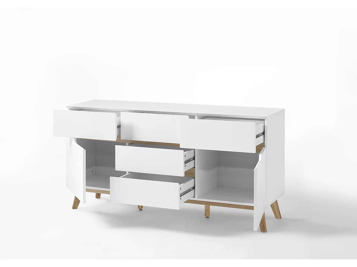 Commode en laqué blanc mat avec piètement en chêne - L145 x H76 x P40 cm