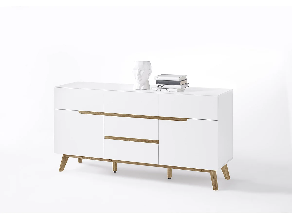 Commode en laqué blanc mat avec piètement en chêne - L145 x H76 x P40 cm