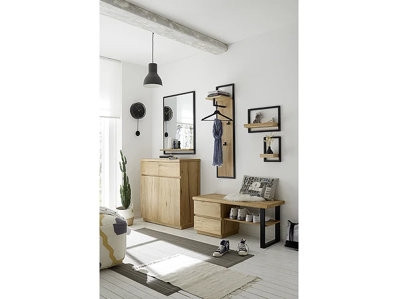 Commode d'entrée, meuble de rangement coloris chêne huilé - Longueur 90 x Hauteur 95 x Profondeur 41 cm