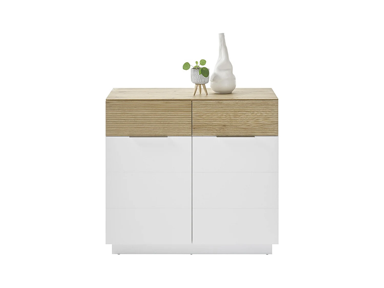 Commode, meuble de rangement de 2 portes coloris blanc mat, chêne - Longueur 90 x Hauteur 83 x Profondeur 40 cm