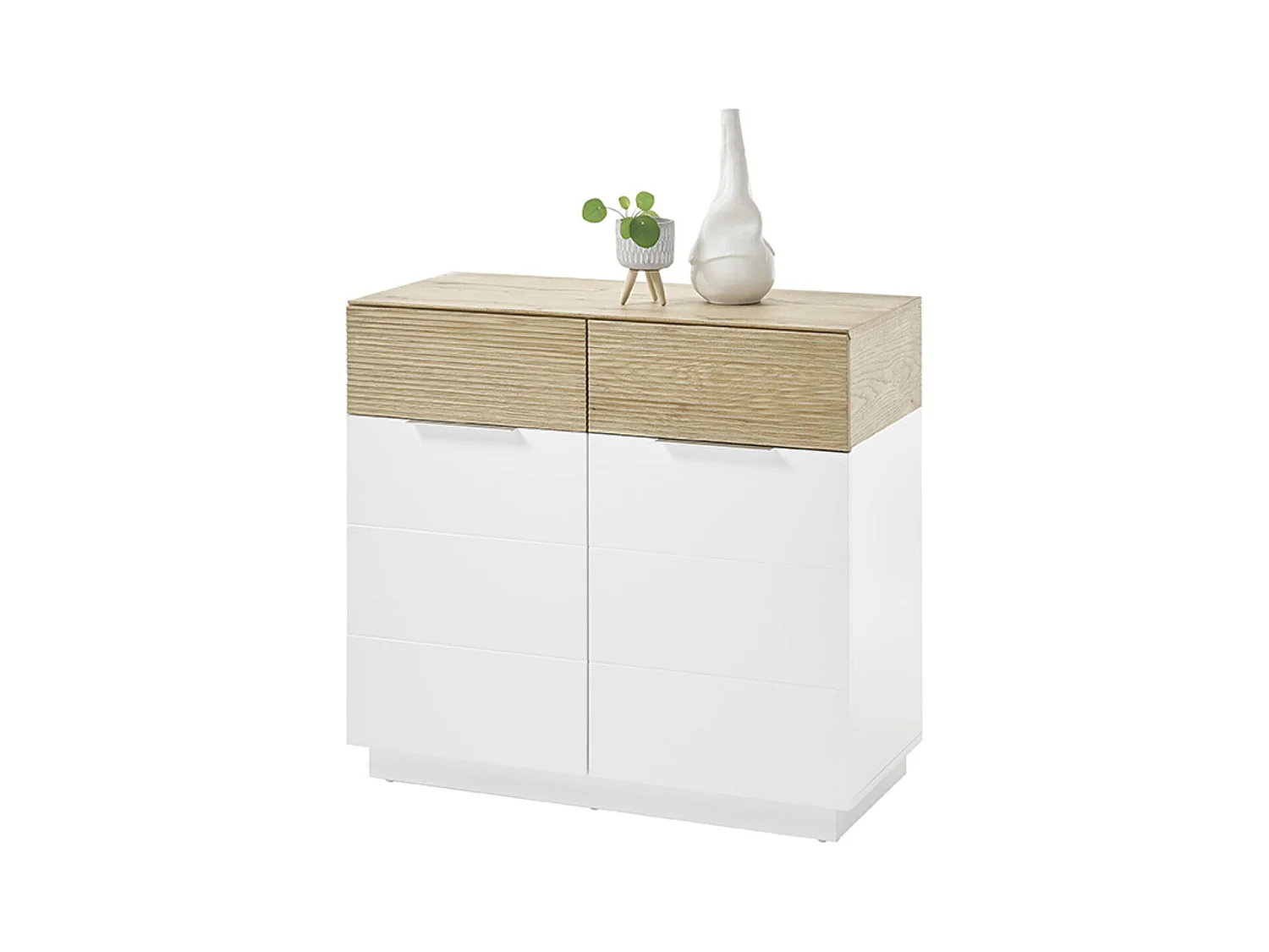 Commode, meuble de rangement de 2 portes coloris blanc mat, chêne - Longueur 90 x Hauteur 83 x Profondeur 40 cm