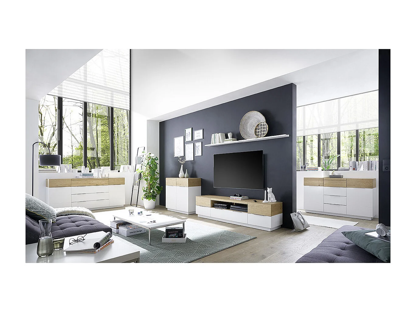 Commode, meuble de rangement de 2 portes coloris blanc mat, chêne - Longueur 90 x Hauteur 83 x Profondeur 40 cm