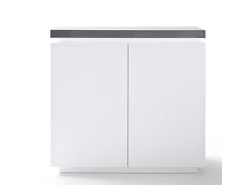 Commode, meuble de rangement coloris blanc laqué mat et gris béton - Longueur 120 x Hauteur 113 x Profondeur 40 cm