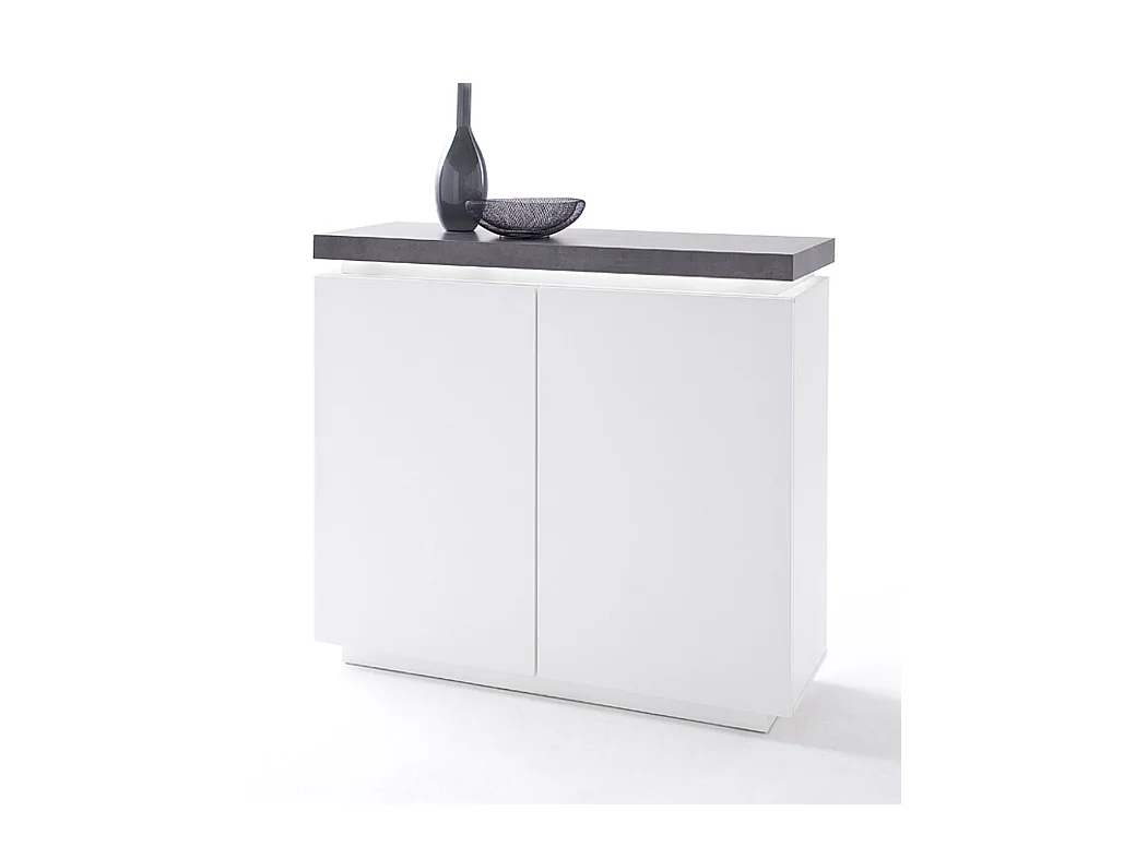 Commode, meuble de rangement coloris blanc laqué mat et gris béton - Longueur 120 x Hauteur 113 x Profondeur 40 cm