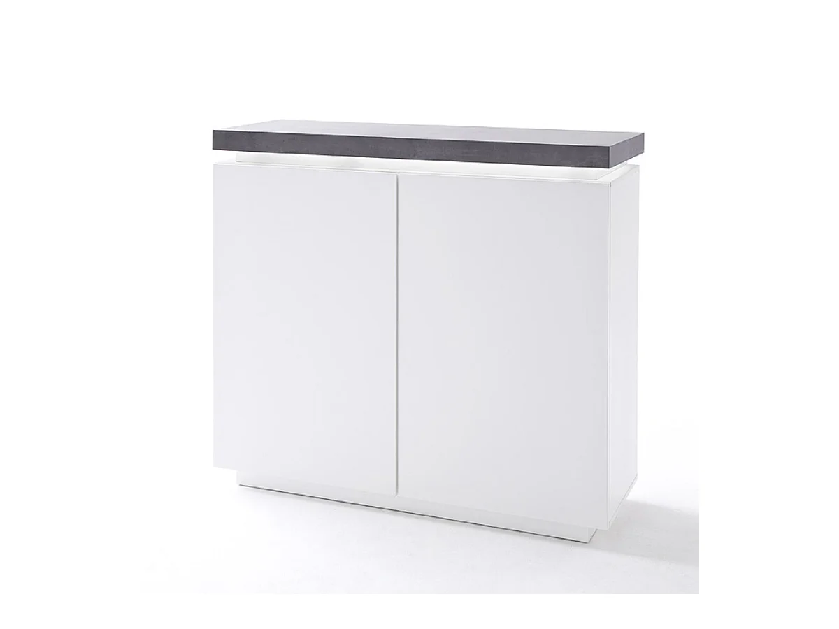 Commode, meuble de rangement coloris blanc laqué mat et gris béton - Longueur 120 x Hauteur 113 x Profondeur 40 cm
