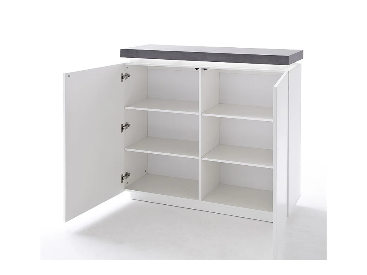 Commode, meuble de rangement coloris blanc laqué mat et gris béton - Longueur 120 x Hauteur 113 x Profondeur 40 cm