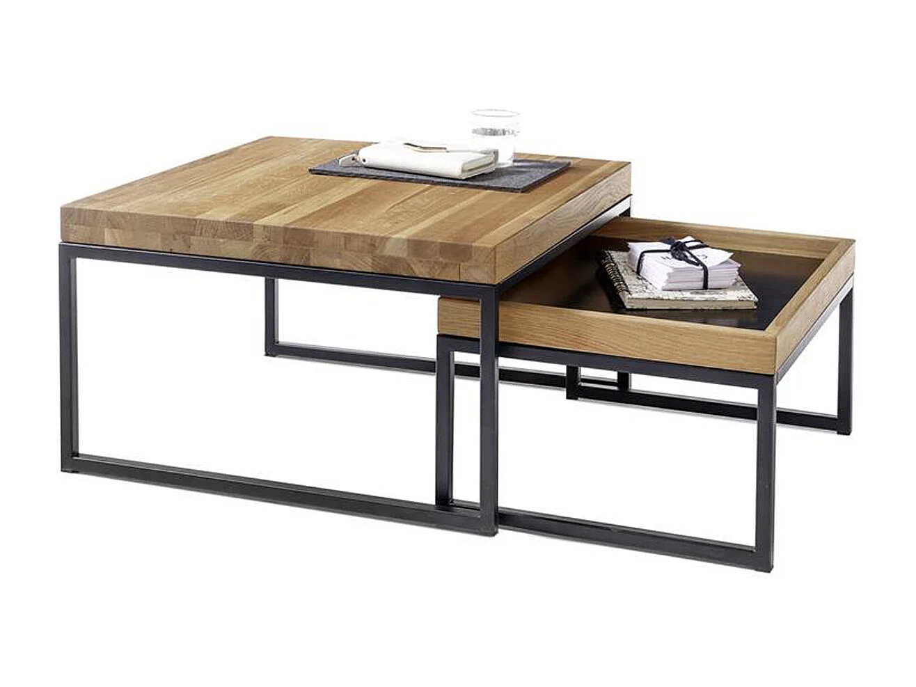 Lot de 2 tables d'appoint gigognes en chêne massif / noir