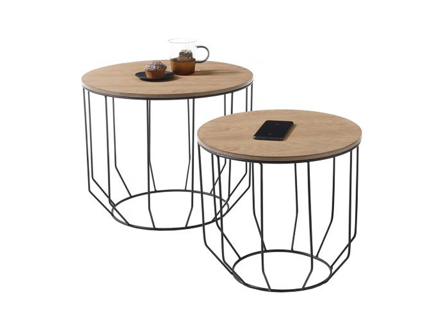 Lot de 2 tables d'appoint gigognes en bois et métal finition chêne massif huilé