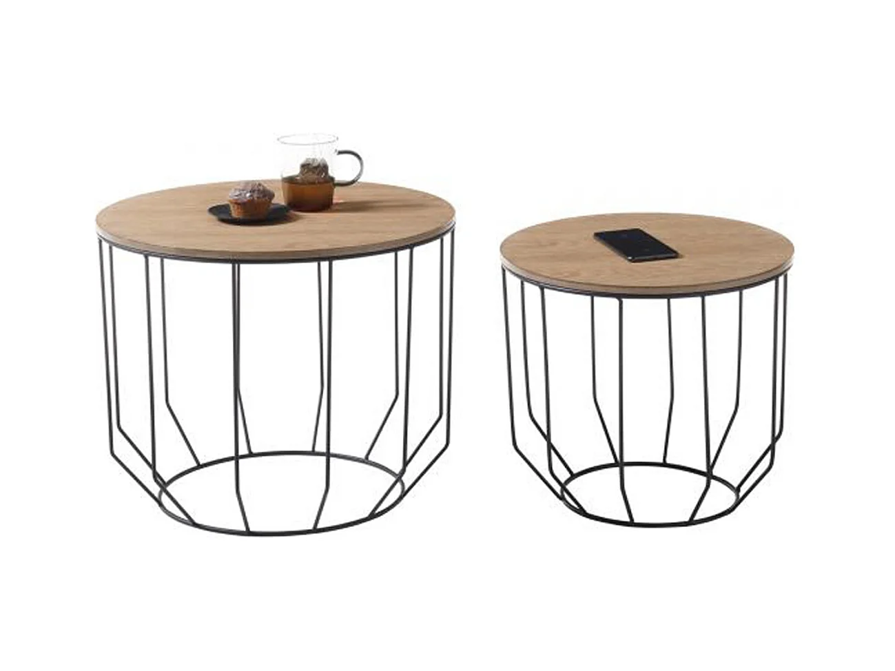 Lot de 2 tables d'appoint gigognes en bois et métal finition chêne massif huilé