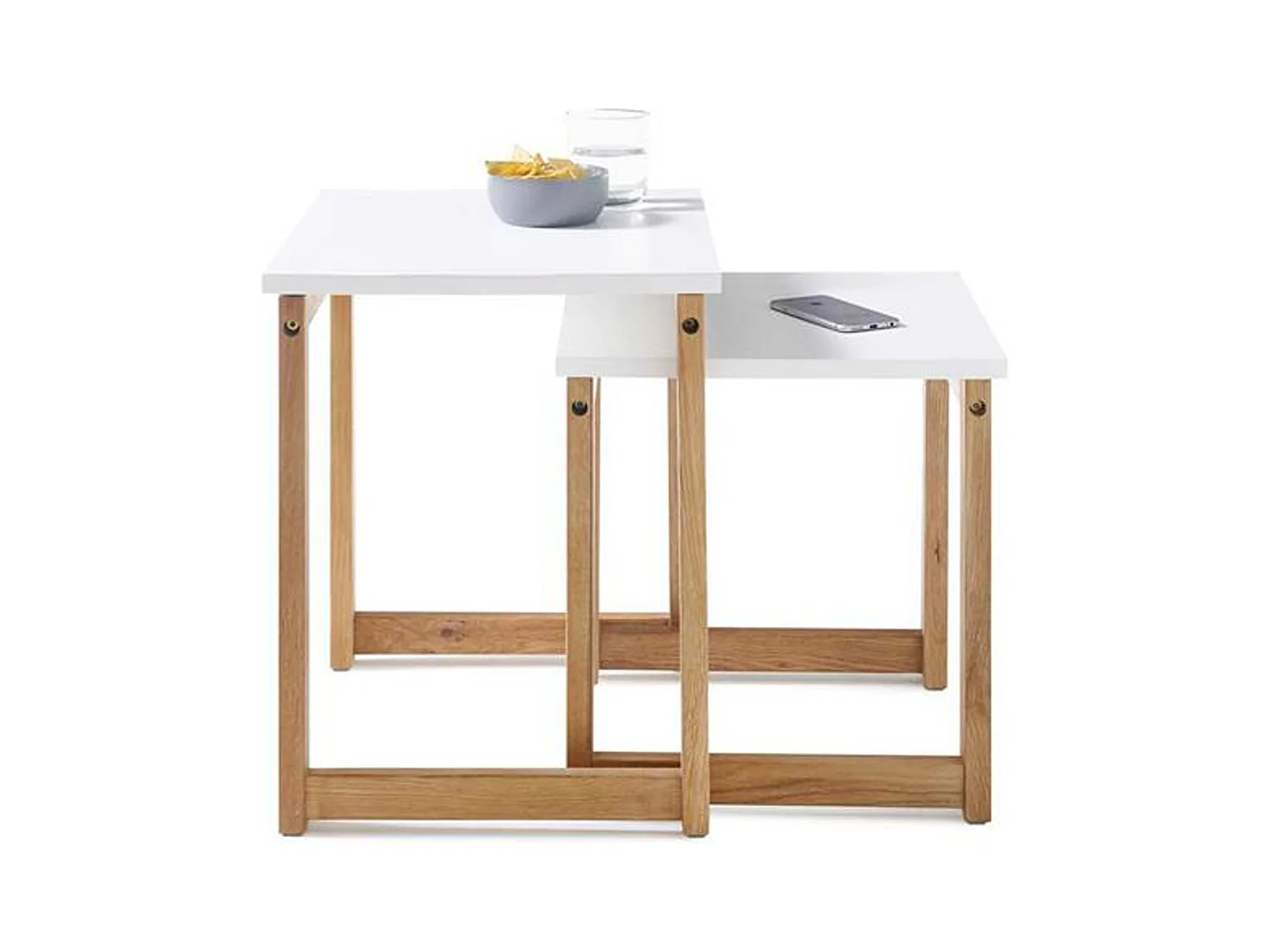 Lot de 2 tables d'appoint gigognes en bois coloris chêne / blanc mat