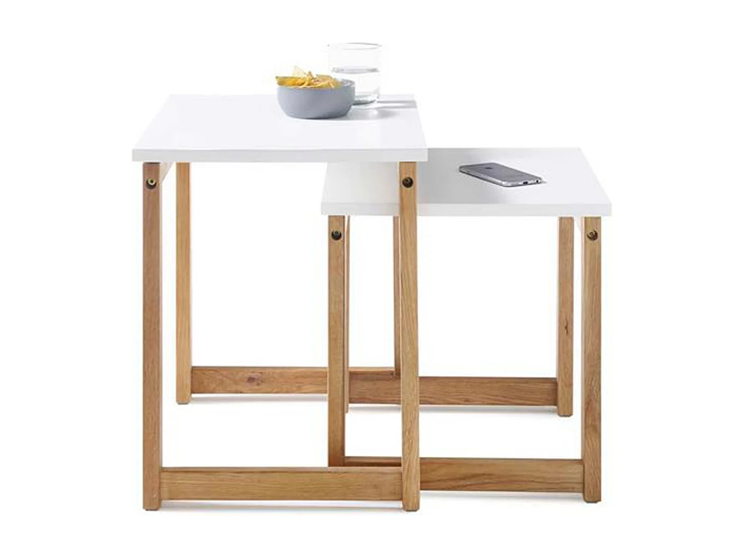 Lot de 2 tables d'appoint gigognes en bois coloris chêne / blanc mat