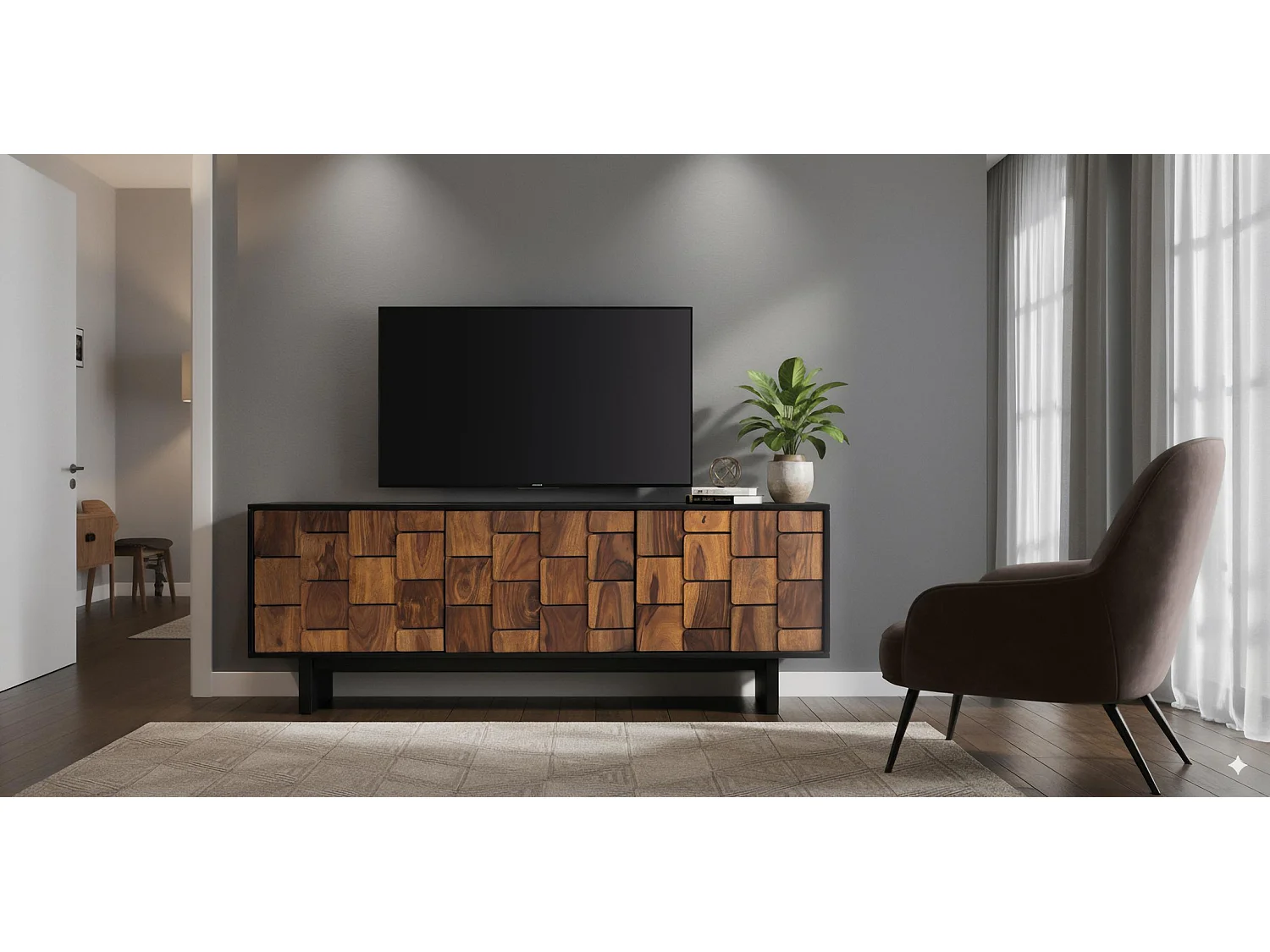 Meuble TV en bois de manguier 160 cm, style ethnique rustique moderne - 61 x 160 x 40 cm
